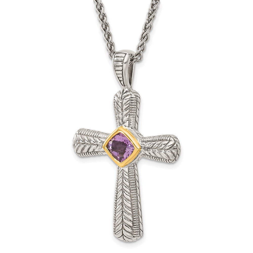 Sterling Silver Antiqued w/14k Amethyst Cross Necklace