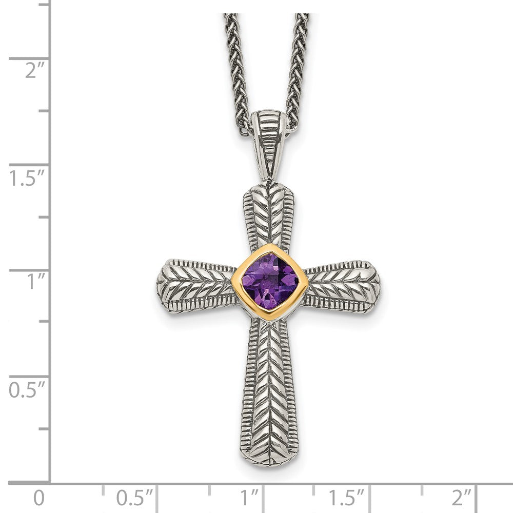 Sterling Silver Antiqued w/14k Amethyst Cross Necklace