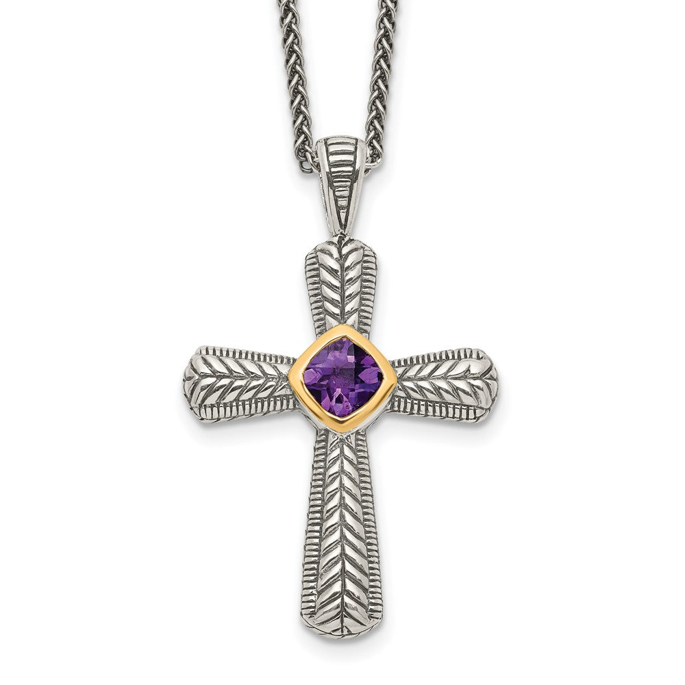 Sterling Silver Antiqued w/14k Amethyst Cross Necklace