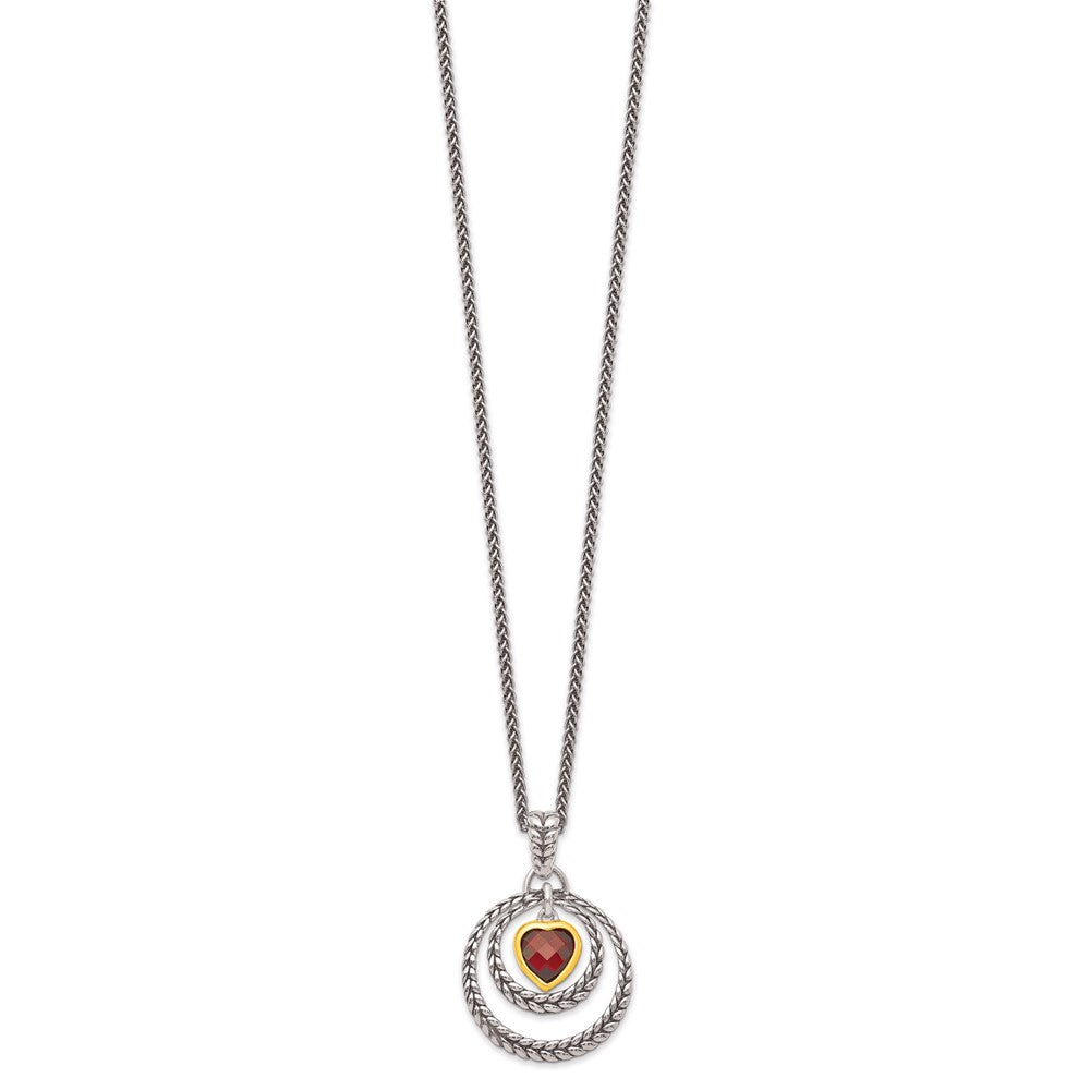 Sterling Silver w/Gold-tone Flash Gold-plated Garnet Heart Necklace