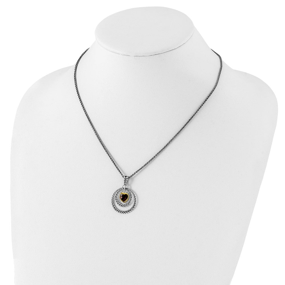 Sterling Silver w/Gold-tone Flash Gold-plated Garnet Heart Necklace