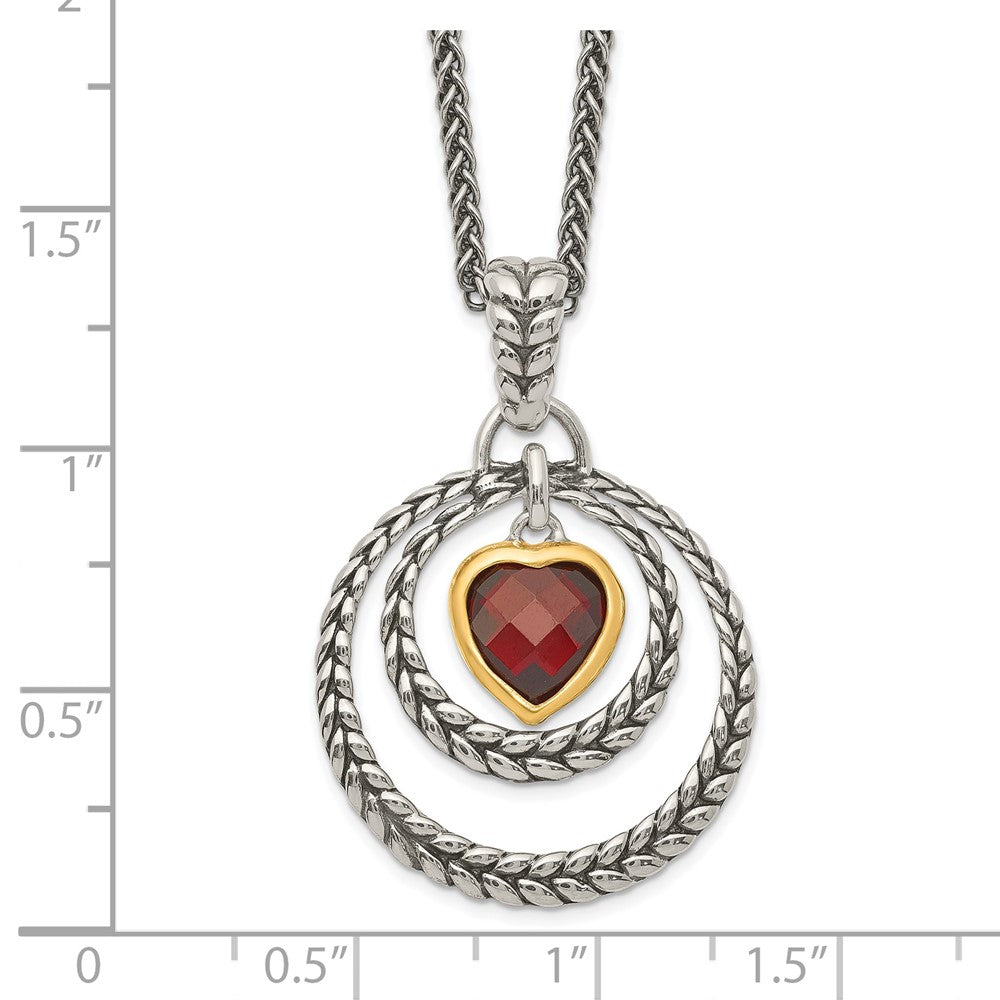 Sterling Silver w/Gold-tone Flash Gold-plated Garnet Heart Necklace