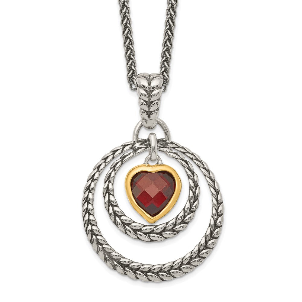 Sterling Silver w/Gold-tone Flash Gold-plated Garnet Heart Necklace