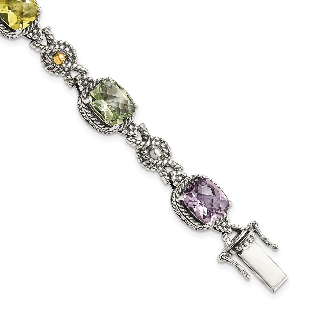 Sterling Silver Antiqued w/14k Pink/Green/Lemon Quartz Bracelet