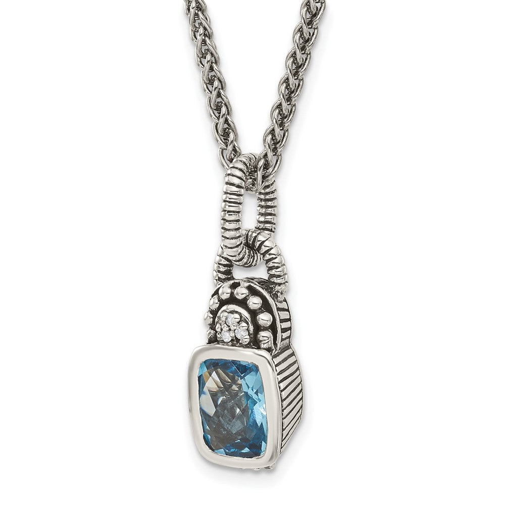 Sterling Silver Antiqued Sky Blue Topaz & Diamond Necklace