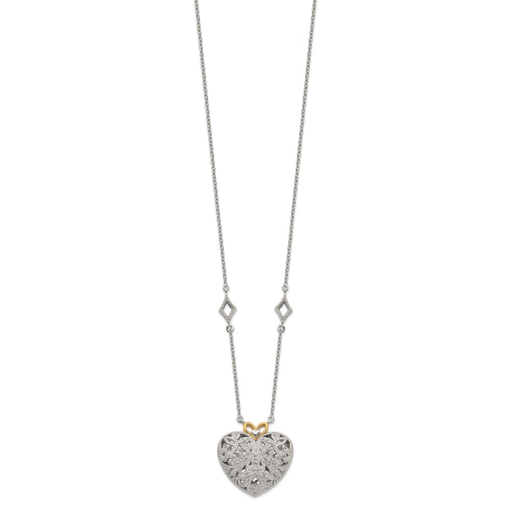 Sterling Silver Rhodium-plated w/14k Diamond Vintage Heart Necklace