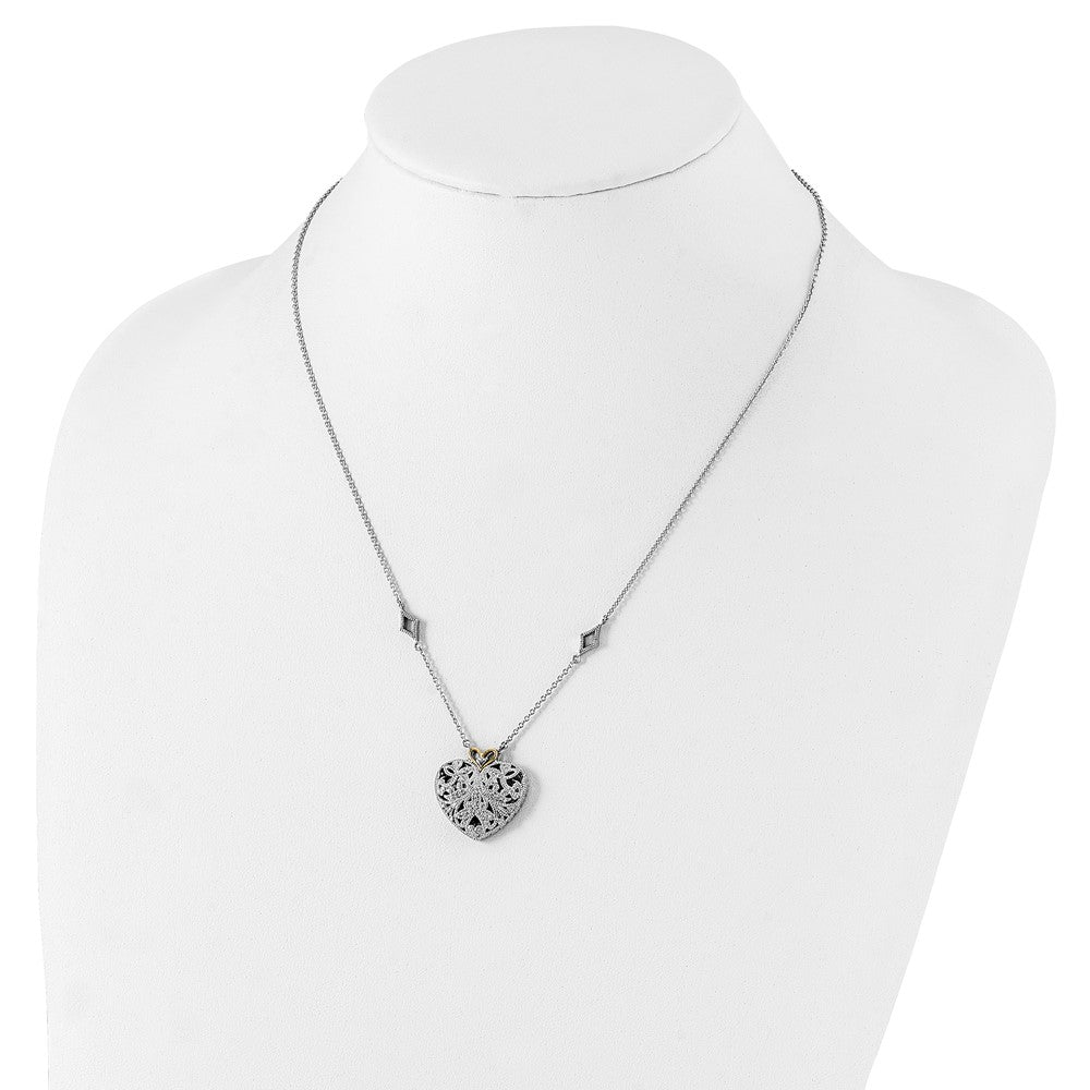 Sterling Silver Rhodium-plated w/14k Diamond Vintage Heart Necklace