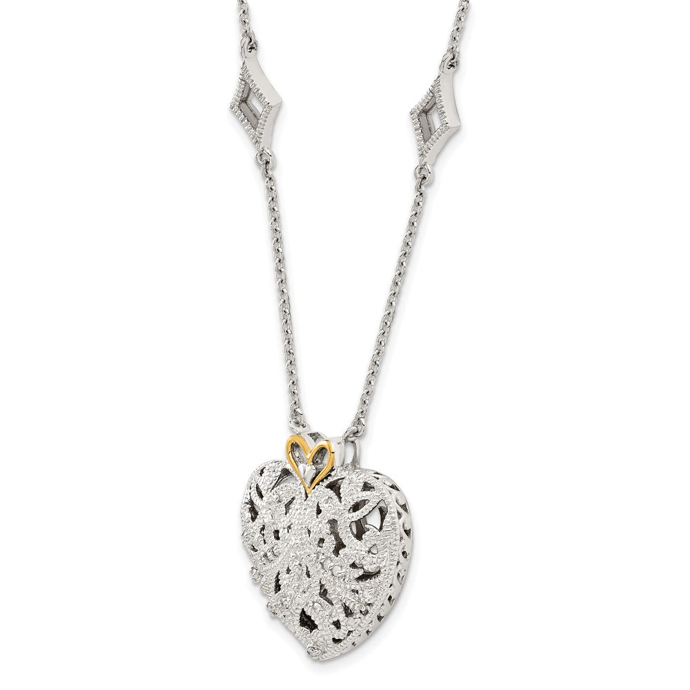 Sterling Silver Rhodium-plated w/14k Diamond Vintage Heart Necklace