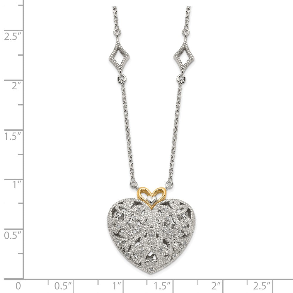 Sterling Silver Rhodium-plated w/14k Diamond Vintage Heart Necklace