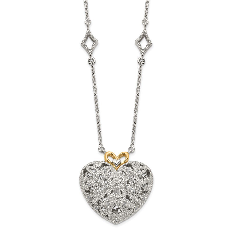 Sterling Silver Rhodium-plated w/14k Diamond Vintage Heart Necklace