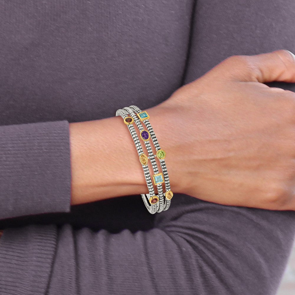 Sterling Silver Antiqued w/14k 1.74tw Gemstone Cuff Bracelet