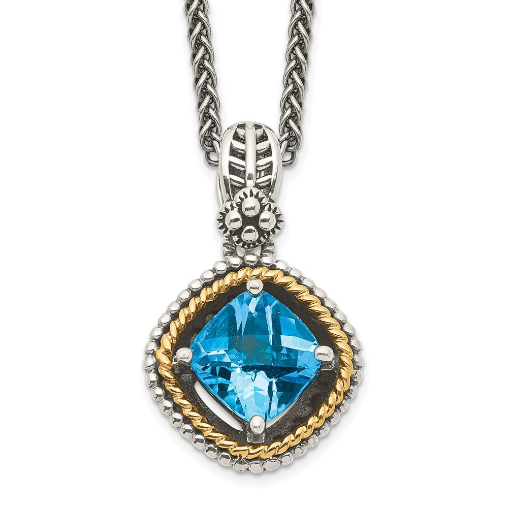 Sterling Silver Antiqued w/14k Swiss Blue Topaz Necklace