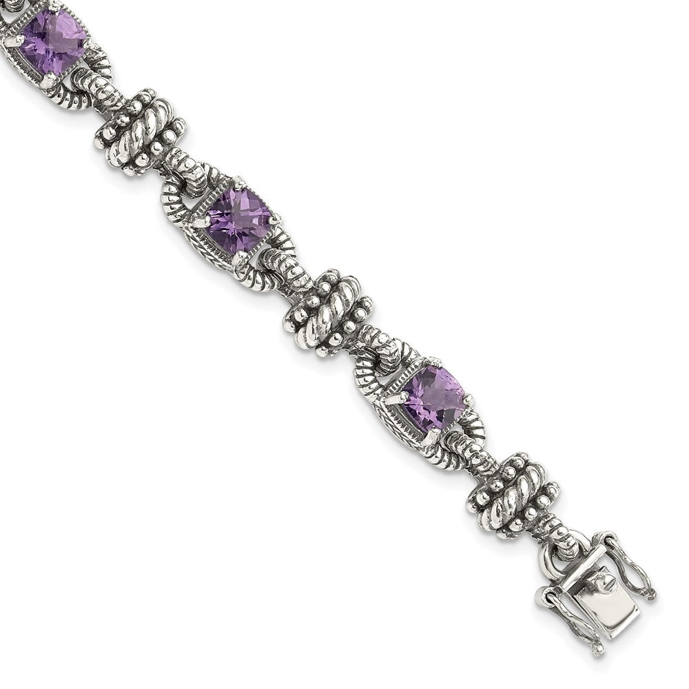 Sterling Silver w/14k Amethyst Antiqued Bracelet
