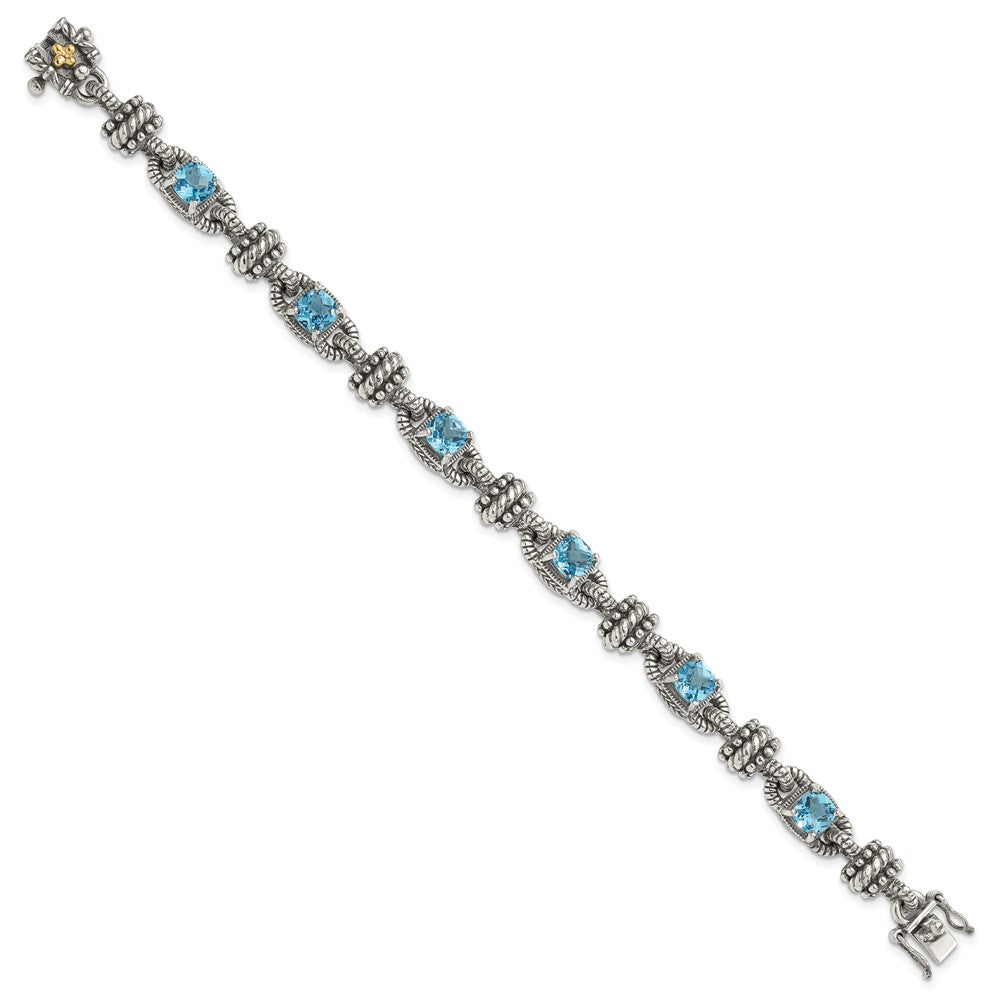 Sterling Silver Antiqued w/14k Swiss Blue Topaz Bracelet