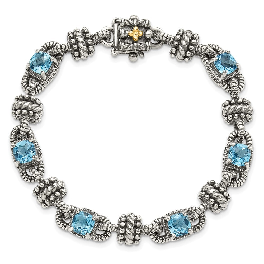 Sterling Silver Antiqued w/14k Swiss Blue Topaz Bracelet