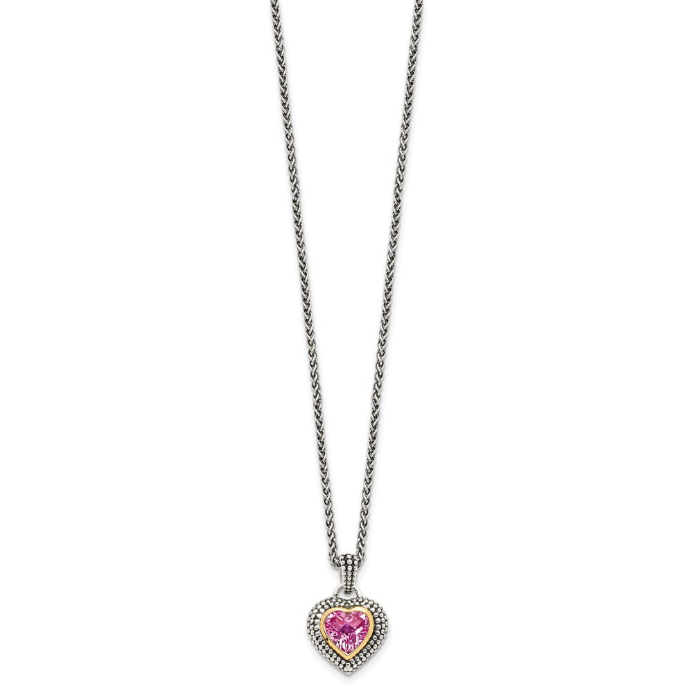Sterling Silver Antiqued w/14k 8mm Created Pink Sapphire Necklace