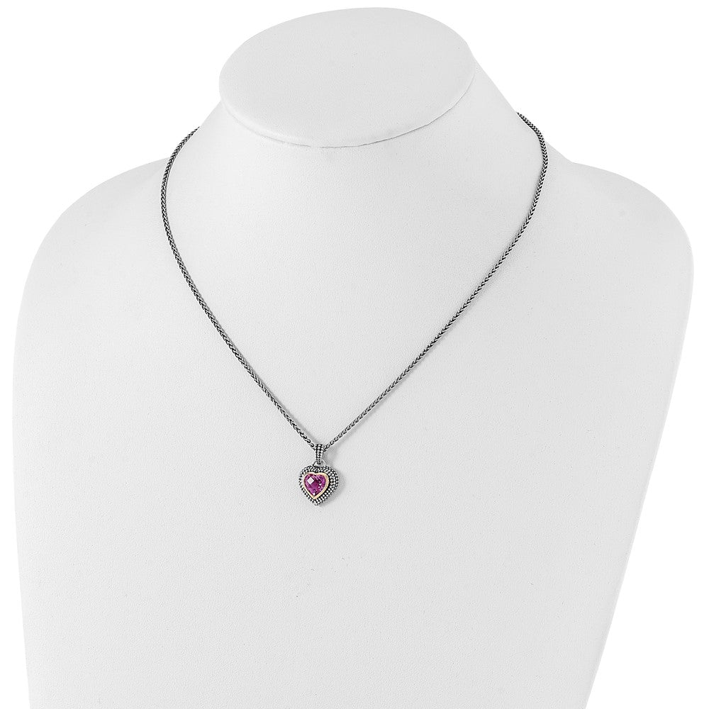 Sterling Silver Antiqued w/14k 8mm Created Pink Sapphire Necklace