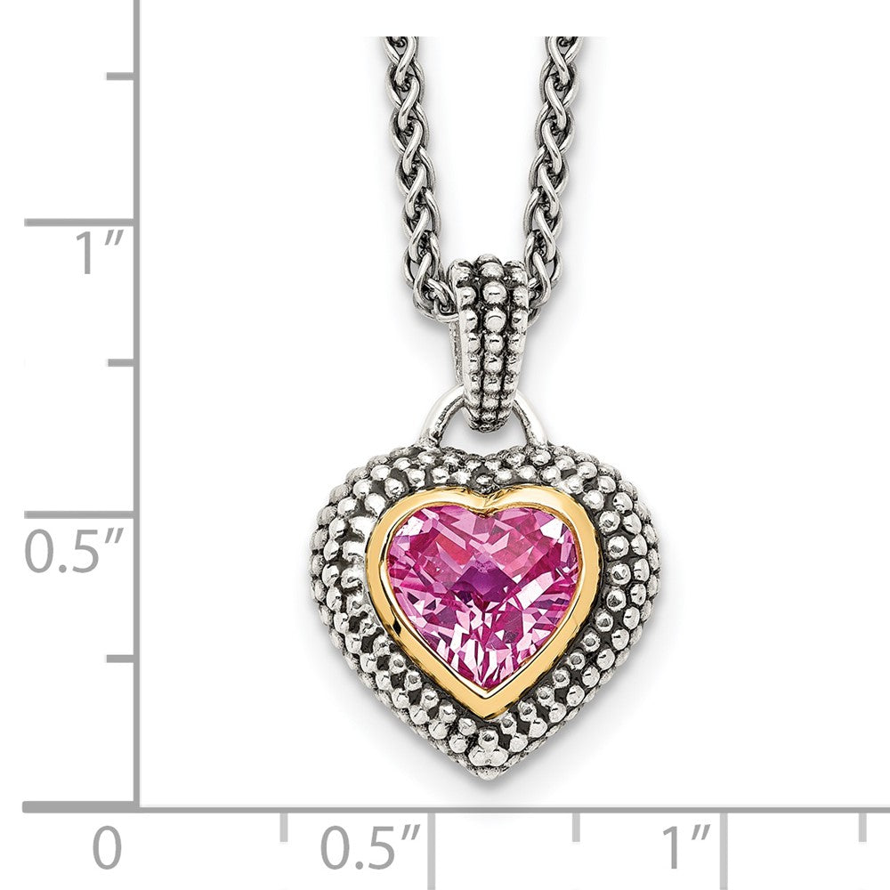 Sterling Silver Antiqued w/14k 8mm Created Pink Sapphire Necklace