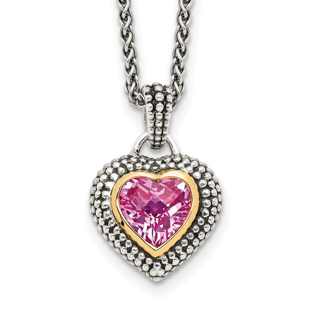 Sterling Silver Antiqued w/14k 8mm Created Pink Sapphire Necklace