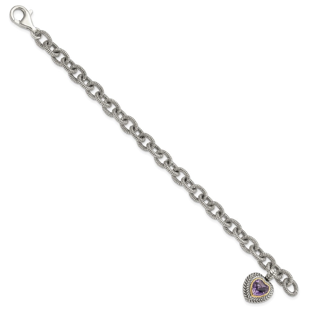 Sterling Silver Antiqued w/14k Amethyst Heart Link Bracelet