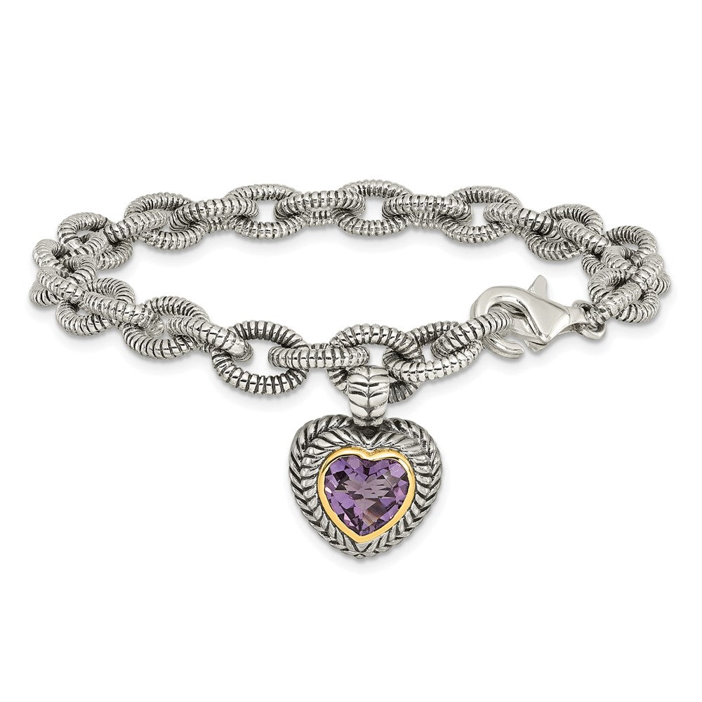Sterling Silver Antiqued w/14k Amethyst Heart Link Bracelet