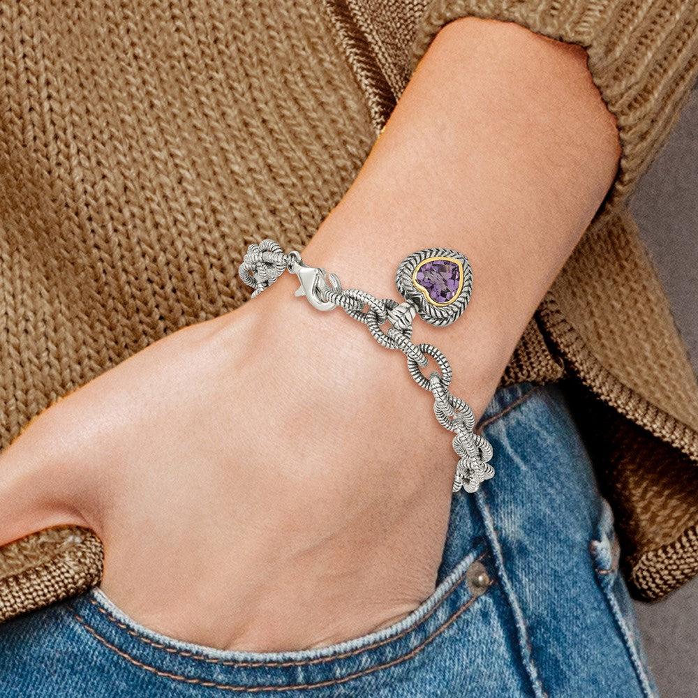 Sterling Silver Antiqued w/14k Amethyst Heart Link Bracelet