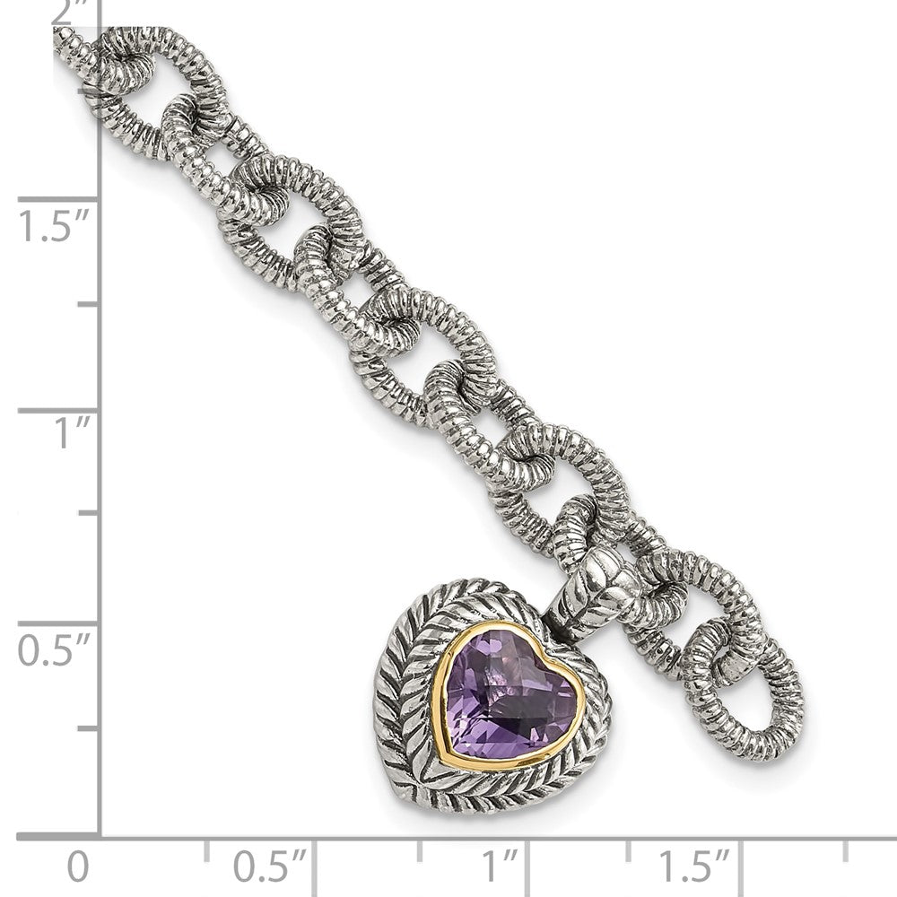 Sterling Silver Antiqued w/14k Amethyst Heart Link Bracelet