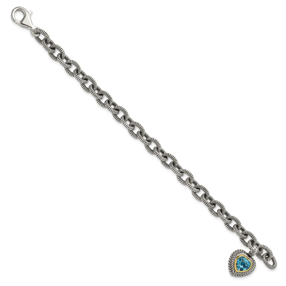 Sterling Silver Antiqued w/14k Swiss Blue Topaz Heart Bracelet
