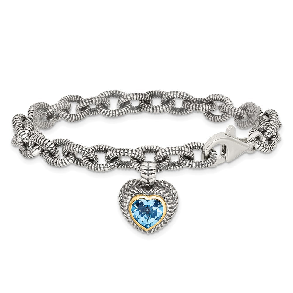 Sterling Silver Antiqued w/14k Swiss Blue Topaz Heart Bracelet