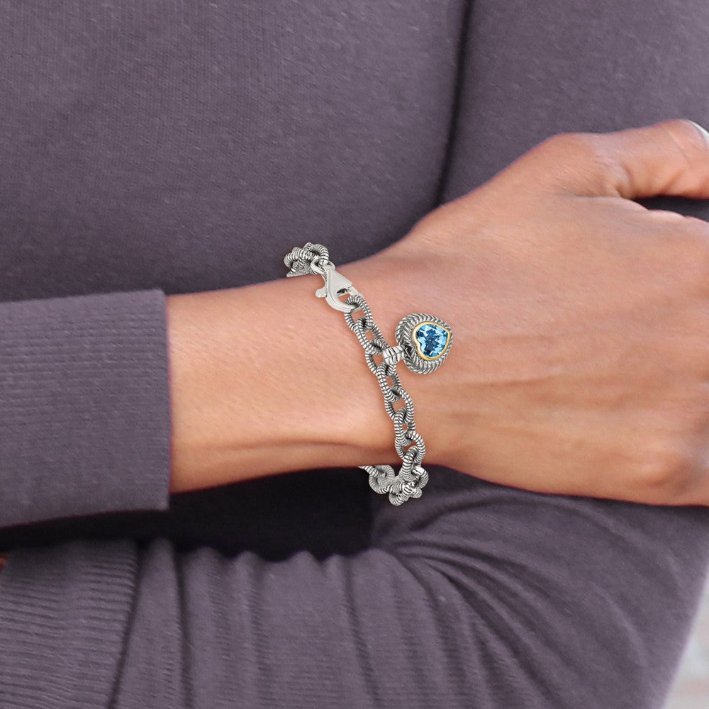 Sterling Silver Antiqued w/14k Swiss Blue Topaz Heart Bracelet