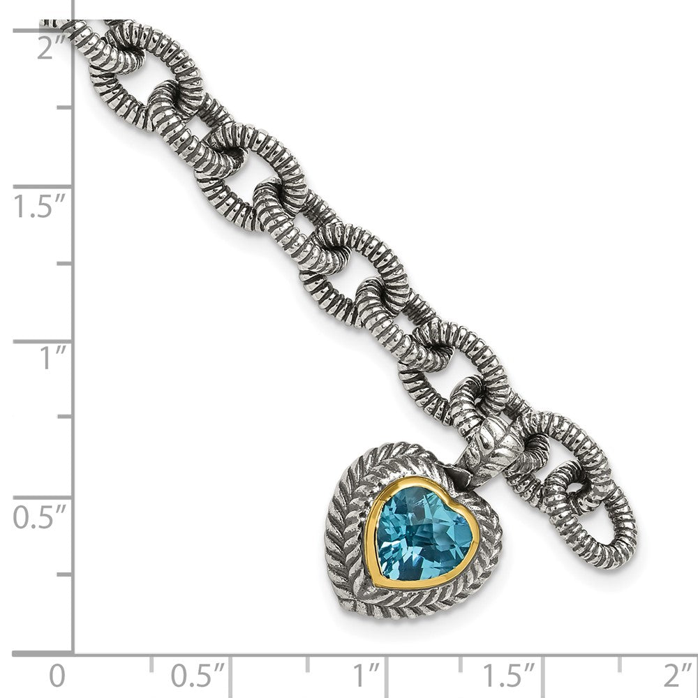 Sterling Silver Antiqued w/14k Swiss Blue Topaz Heart Bracelet