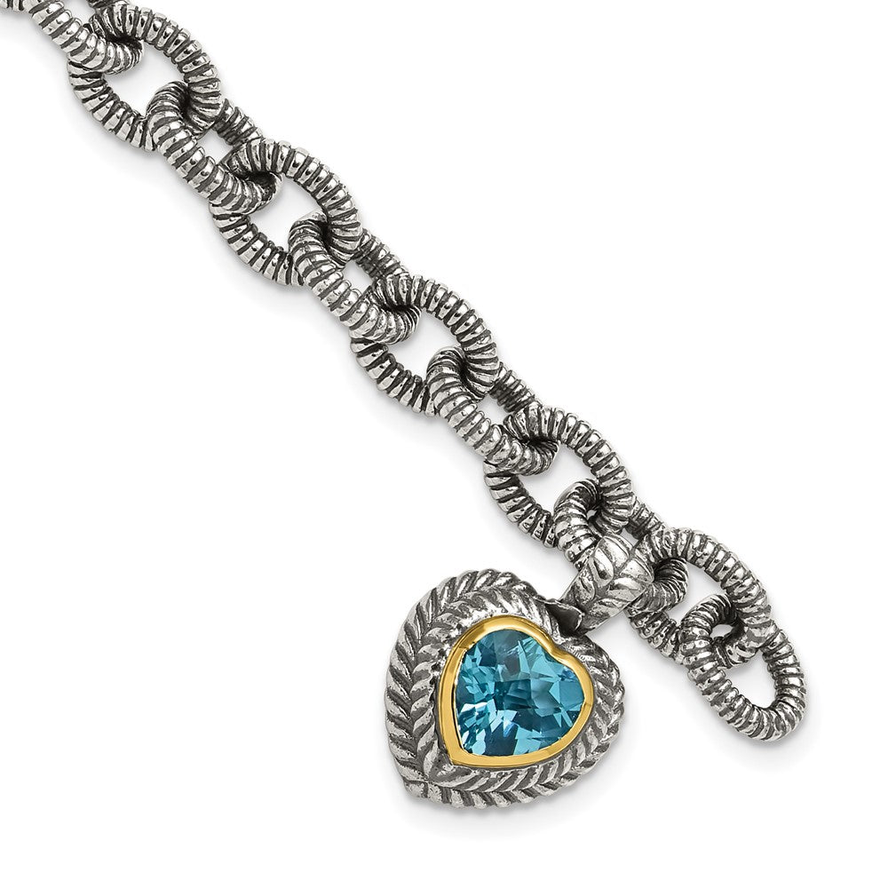 Sterling Silver Antiqued w/14k Swiss Blue Topaz Heart Bracelet