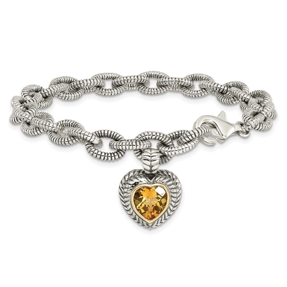 Sterling Silver Antiqued w/14k Citrine Heart Bracelet