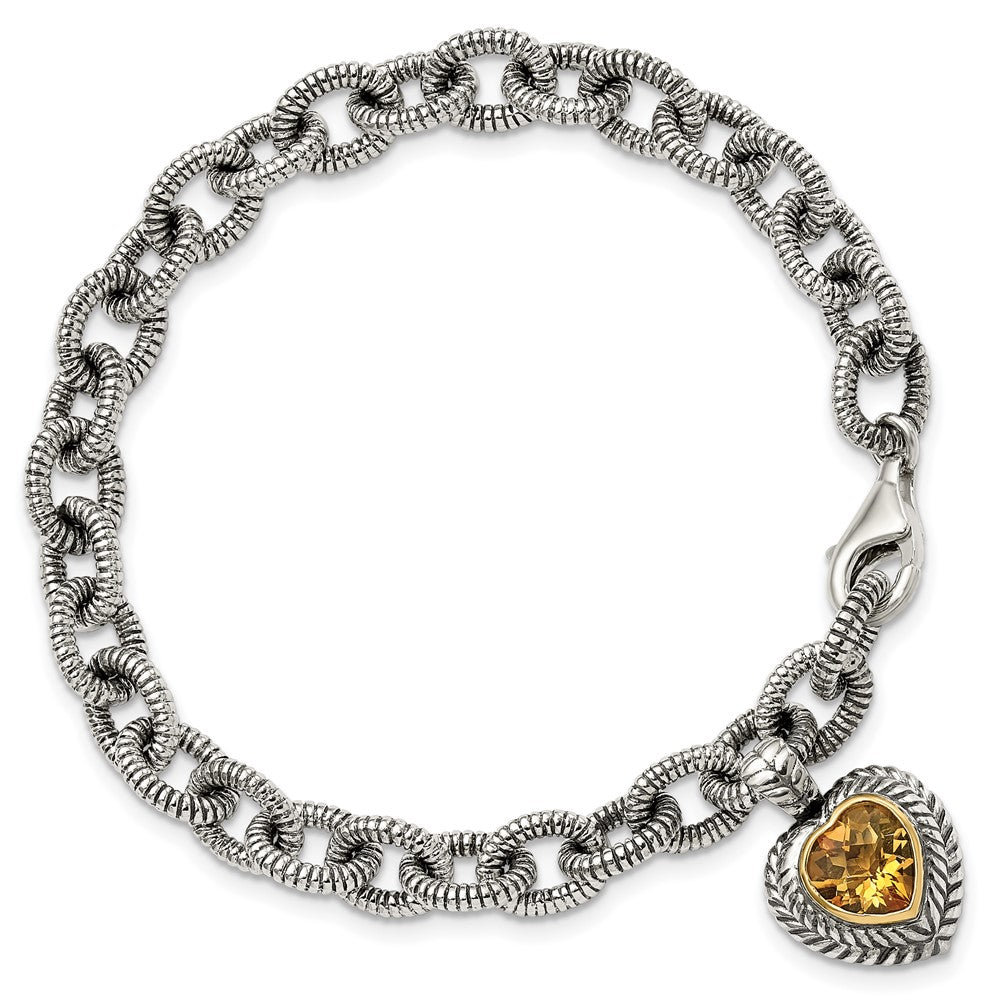 Sterling Silver Antiqued w/14k Citrine Heart Bracelet
