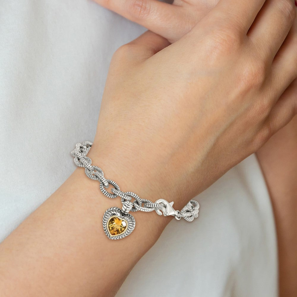Sterling Silver Antiqued w/14k Citrine Heart Bracelet