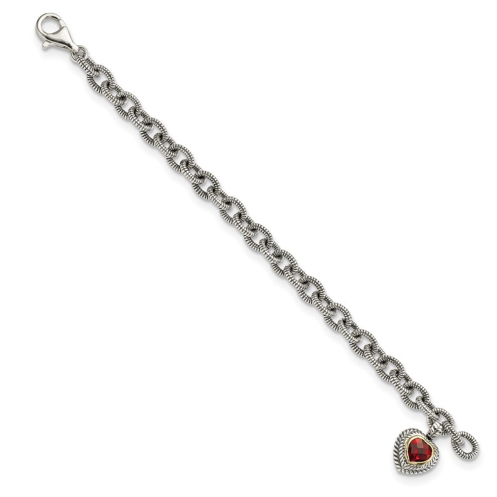 Sterling Silver Antiqued w/14k Garnet Heart Link Bracelet