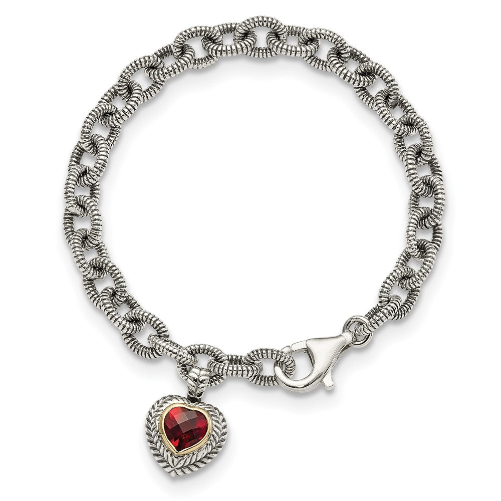 Sterling Silver Antiqued w/14k Garnet Heart Link Bracelet