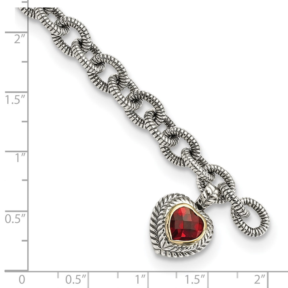 Sterling Silver Antiqued w/14k Garnet Heart Link Bracelet