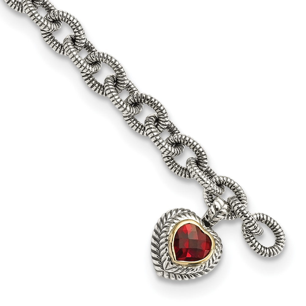Sterling Silver Antiqued w/14k Garnet Heart Link Bracelet