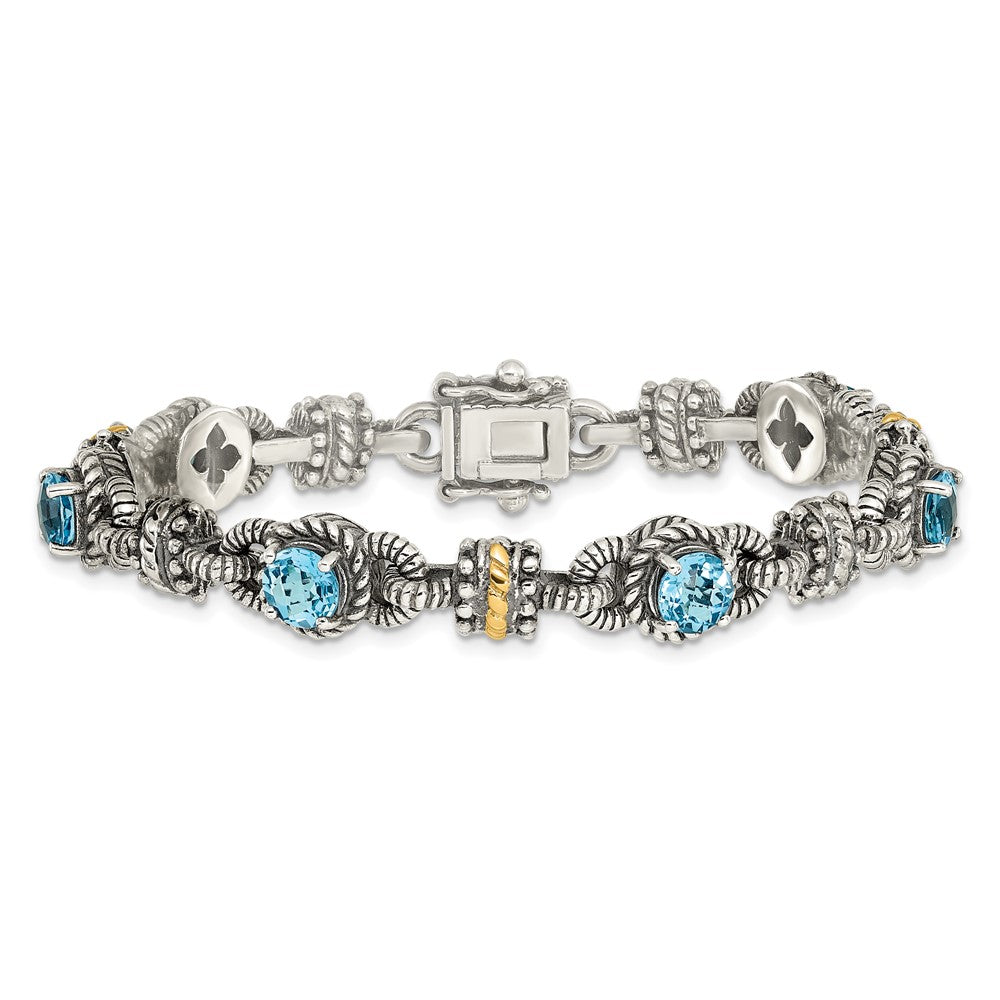 Sterling Silver Antiqued w/14k Swiss Blue Topaz Bracelet