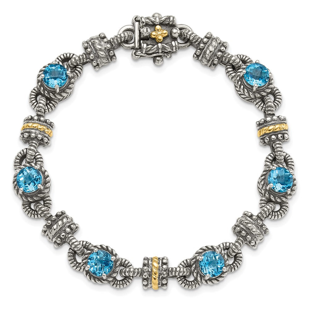 Sterling Silver Antiqued w/14k Swiss Blue Topaz Bracelet