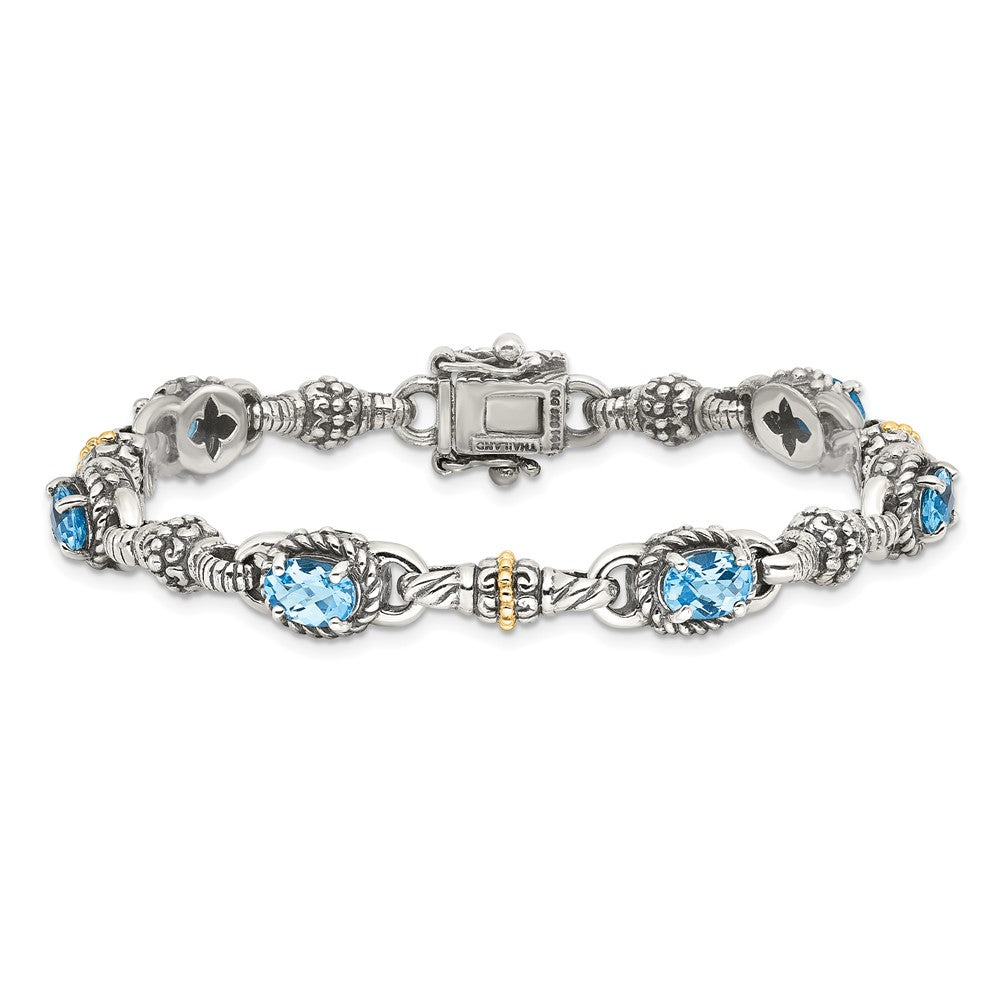 Sterling Silver Antiqued w/14k Swiss Blue Topaz Bracelet