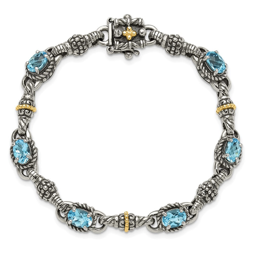 Sterling Silver Antiqued w/14k Swiss Blue Topaz Bracelet