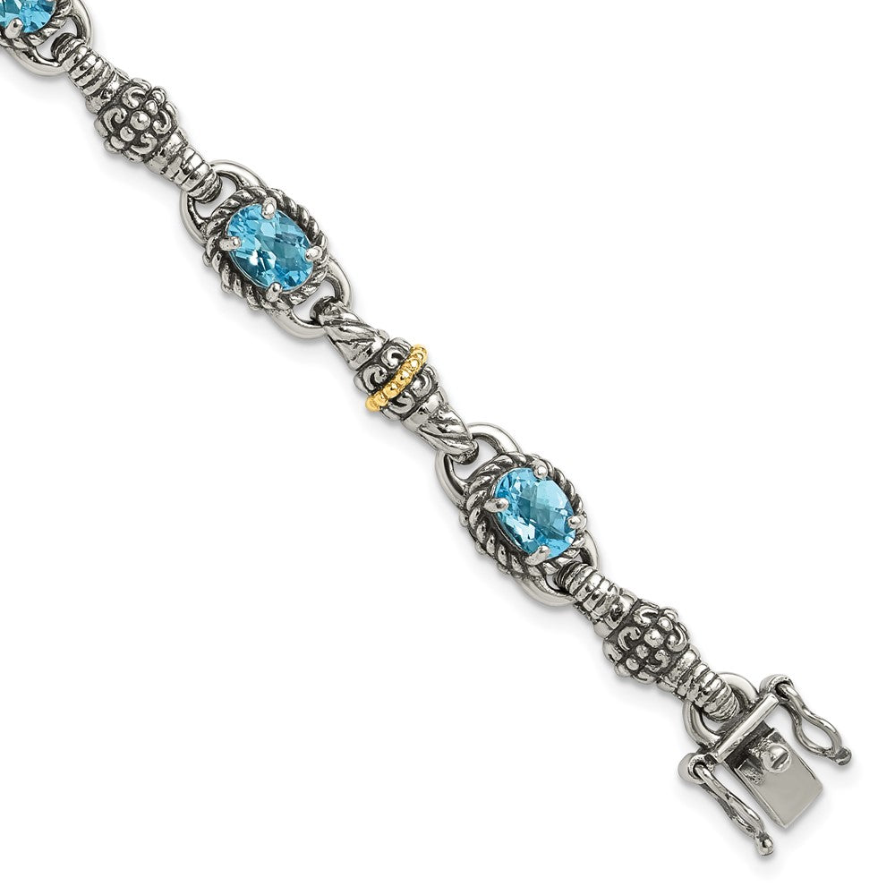 Sterling Silver Antiqued w/14k Swiss Blue Topaz Bracelet