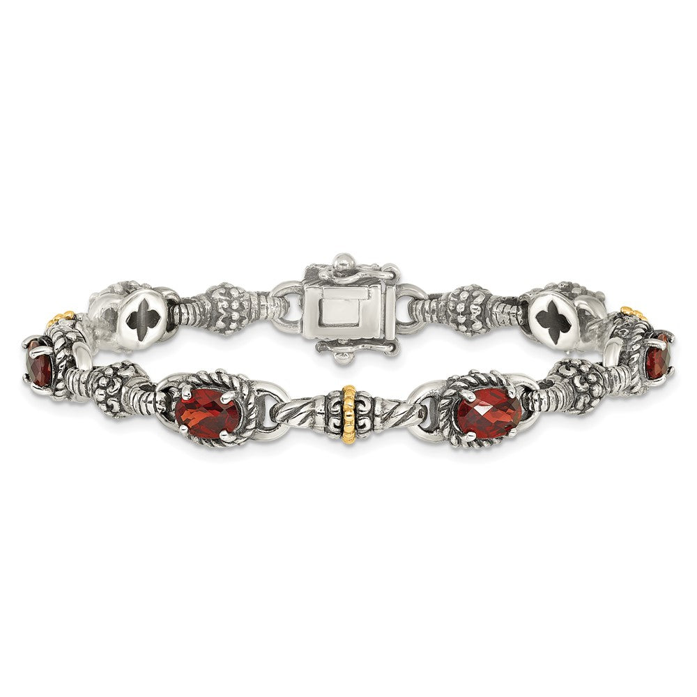 Sterling Silver Antiqued w/14k Oval Garnet Bracelet