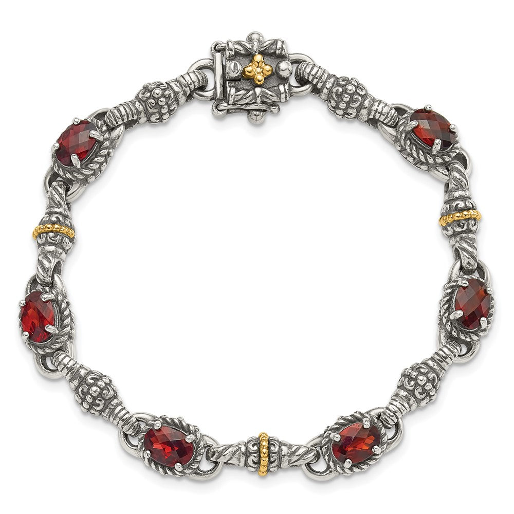 Sterling Silver Antiqued w/14k Oval Garnet Bracelet