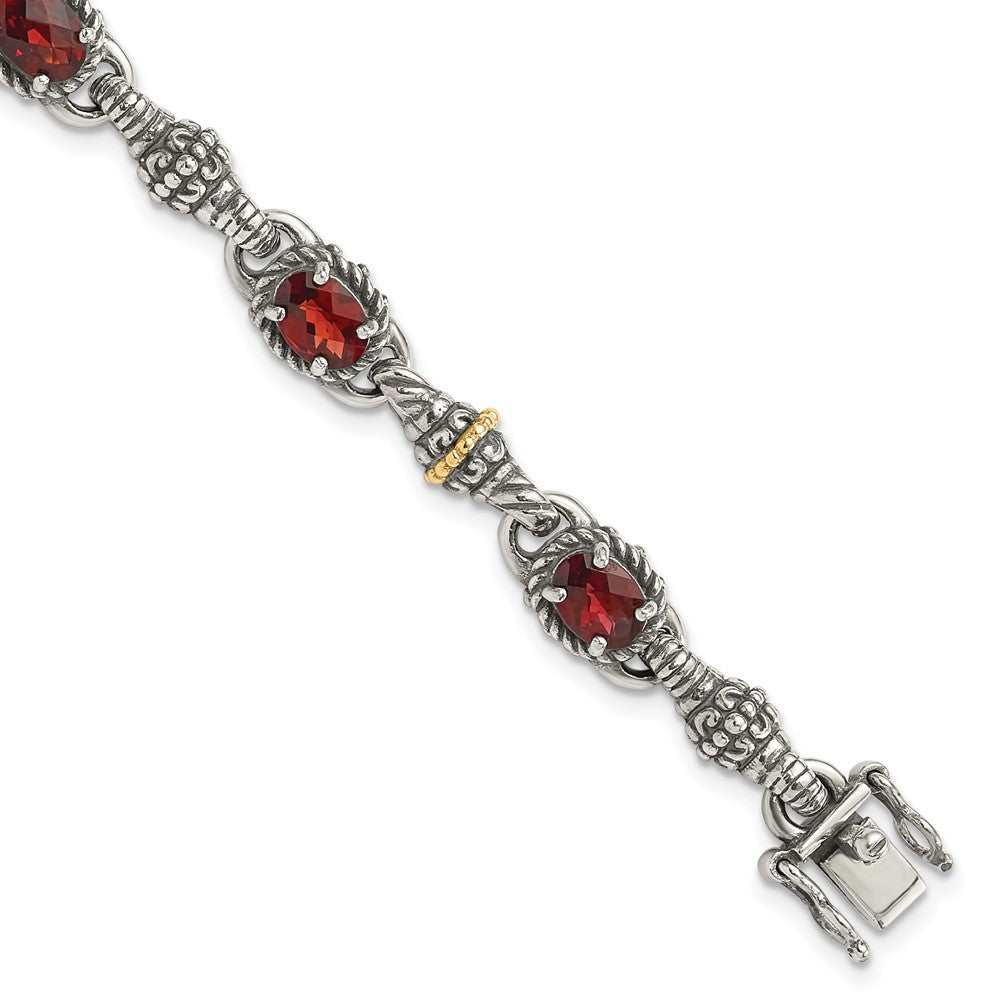 Sterling Silver Antiqued w/14k Oval Garnet Bracelet
