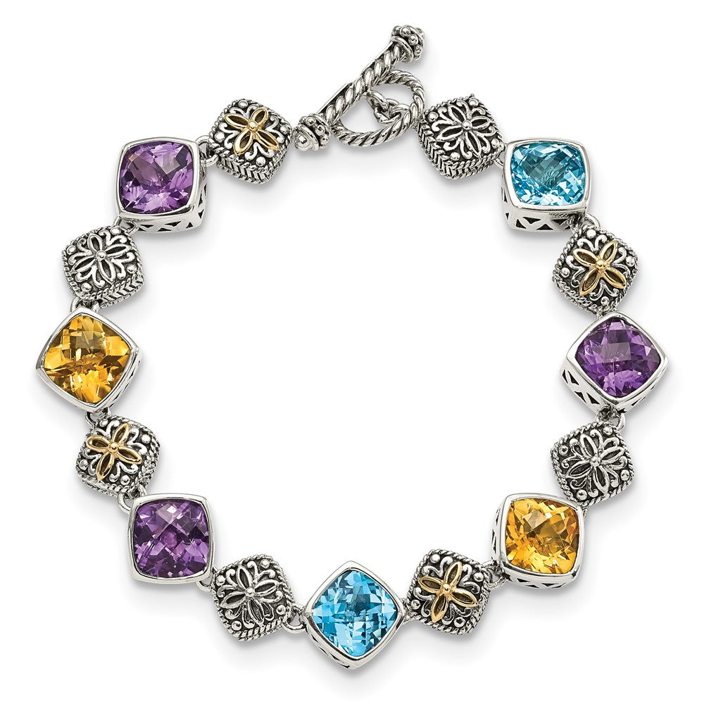 Sterling Silver Antiqued 8.25 inch w/14k Multi Gemstone Bracelet