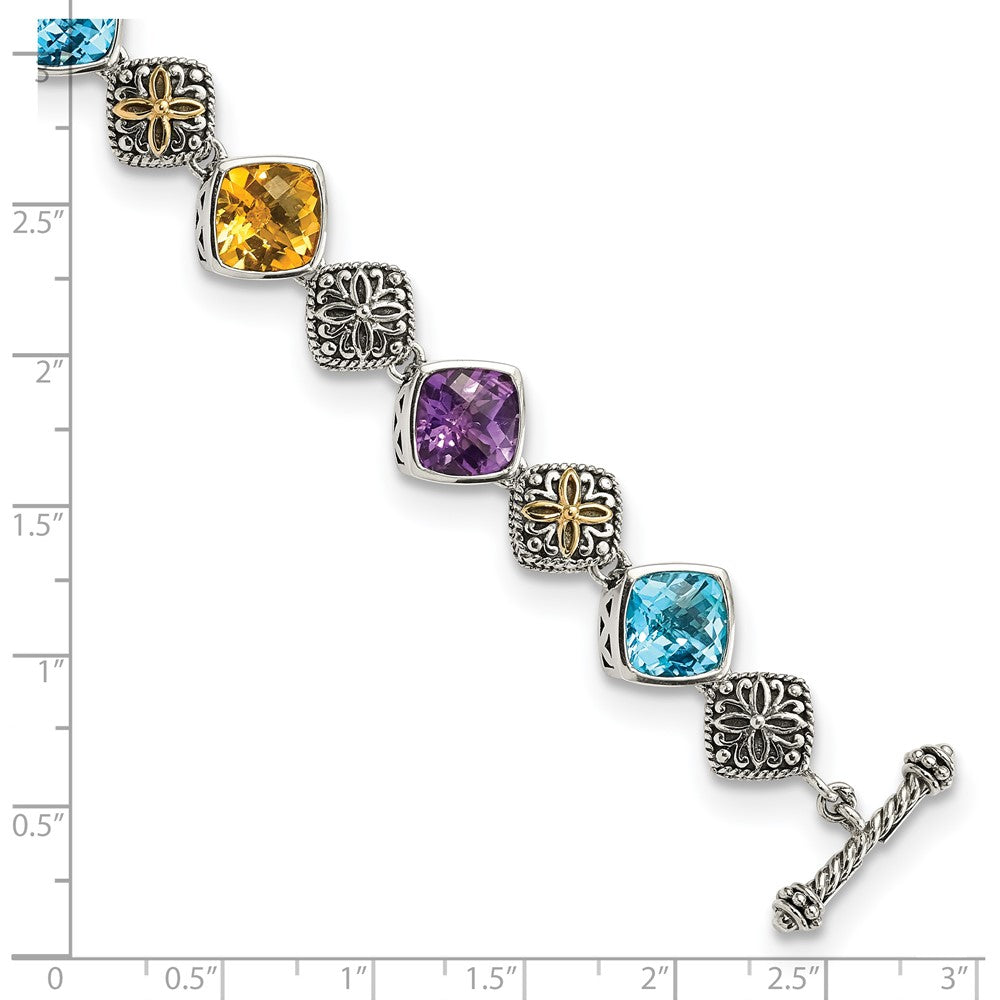 Sterling Silver Antiqued 8.25 inch w/14k Multi Gemstone Bracelet