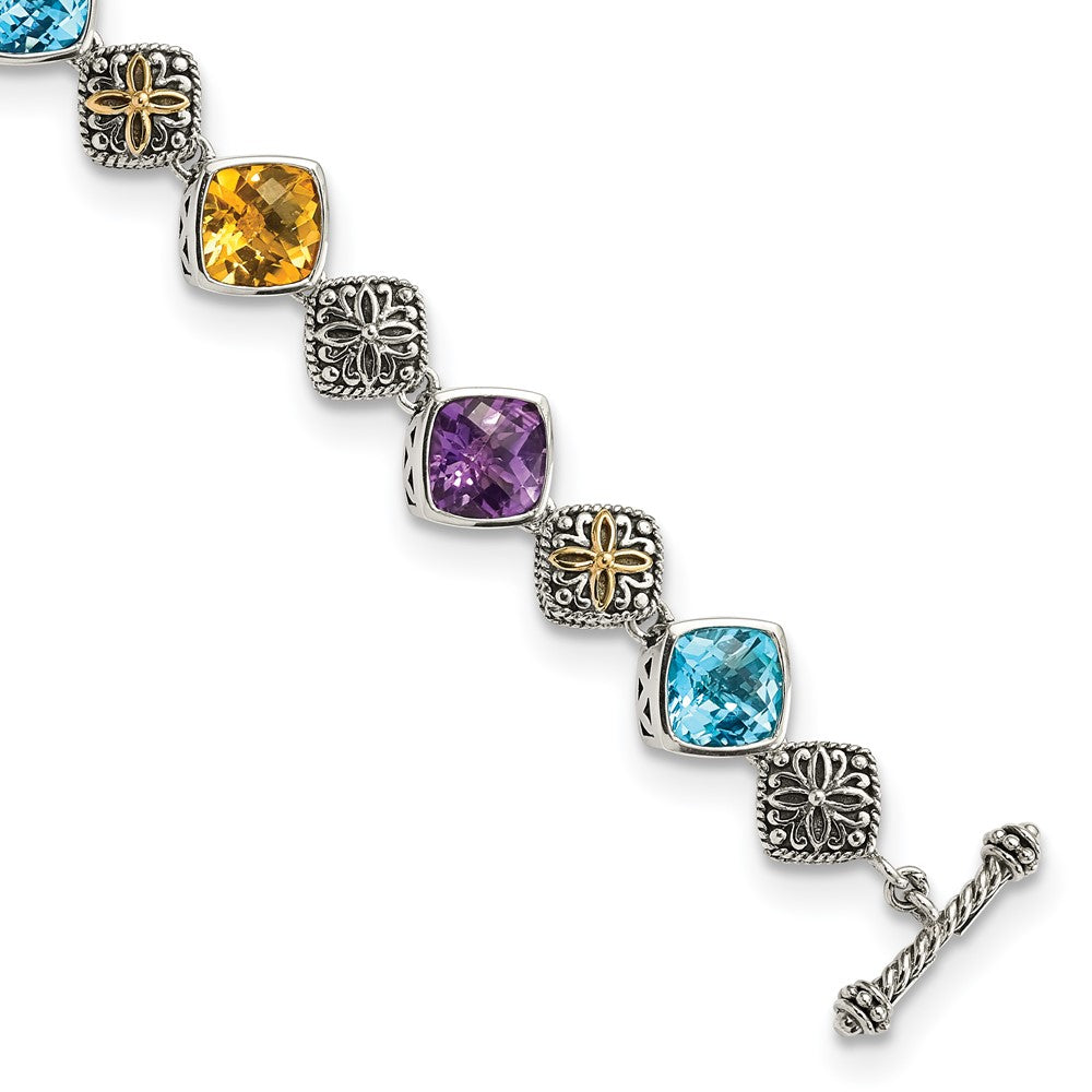 Sterling Silver Antiqued 8.25 inch w/14k Multi Gemstone Bracelet